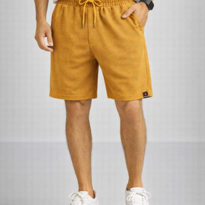 Erkek otoban Dokuma Kumaş Beli Lastikli, Cepli, Yazlık Şort - Hardal