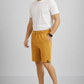 Erkek otoban Dokuma Kumaş Beli Lastikli, Cepli, Yazlık Şort - Hardal