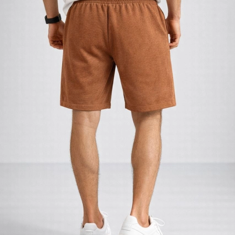 Erkek otoban Dokuma Kumaş Beli Lastikli, Cepli, Yazlık Şort - Kahverengi
