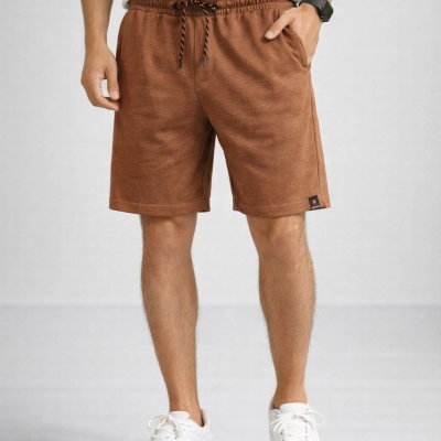 Erkek otoban Dokuma Kumaş Beli Lastikli, Cepli, Yazlık Şort - Kahverengi