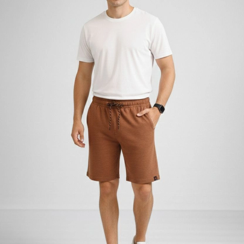 Erkek otoban Dokuma Kumaş Beli Lastikli, Cepli, Yazlık Şort - Kahverengi