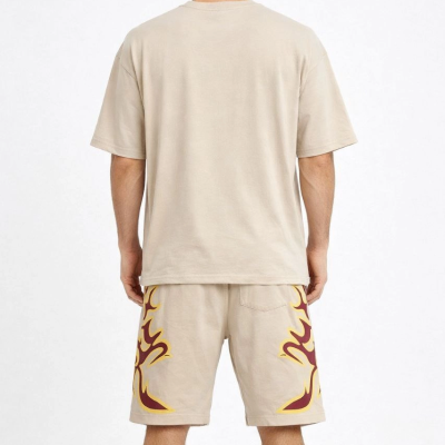 Erkek Oversize Baskılı Tişört Cepli Şort ikili Takım Kombin - Bej