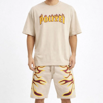 Erkek Oversize Baskılı Tişört Cepli Şort ikili Takım Kombin - Bej