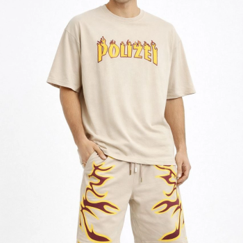 Erkek Oversize Baskılı Tişört Cepli Şort ikili Takım Kombin - Bej