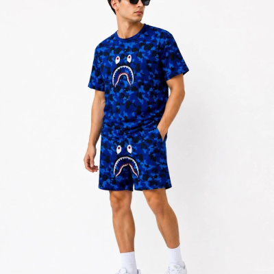 Erkek Oversize Kalıp Pubg Bape X Shark Nakışlı Cepli Şort Takım - Mavi