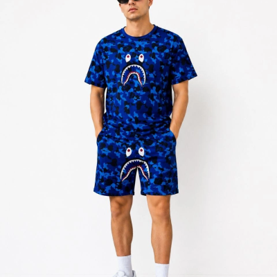 Erkek Oversize Kalıp Pubg Bape X Shark Nakışlı Cepli Şort Takım - Mavi