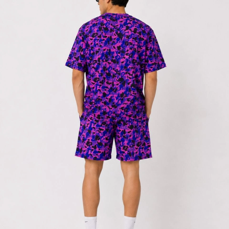 Erkek Oversize Kalıp Pubg Bape X Shark Nakışlı Cepli Şort Takım - Mor
