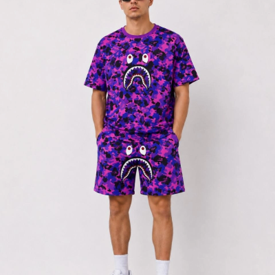 Erkek Oversize Kalıp Pubg Bape X Shark Nakışlı Cepli Şort Takım - Mor