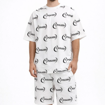 Erkek Oversize Ön ve Arka Baskılı Tişört Şort ikili Takım Kombin - Beyaz