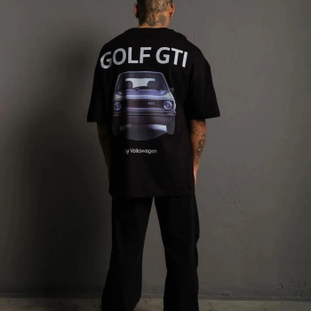 Erkek Oversize Tişört Golf GTI Retro Araba Baskılı T-shirt - Siyah