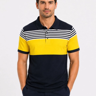 Erkek Pike Kumaş Çizgili Polo Yaka Tişört Kısa Kol Yazlık T-Shirt - Lacivert