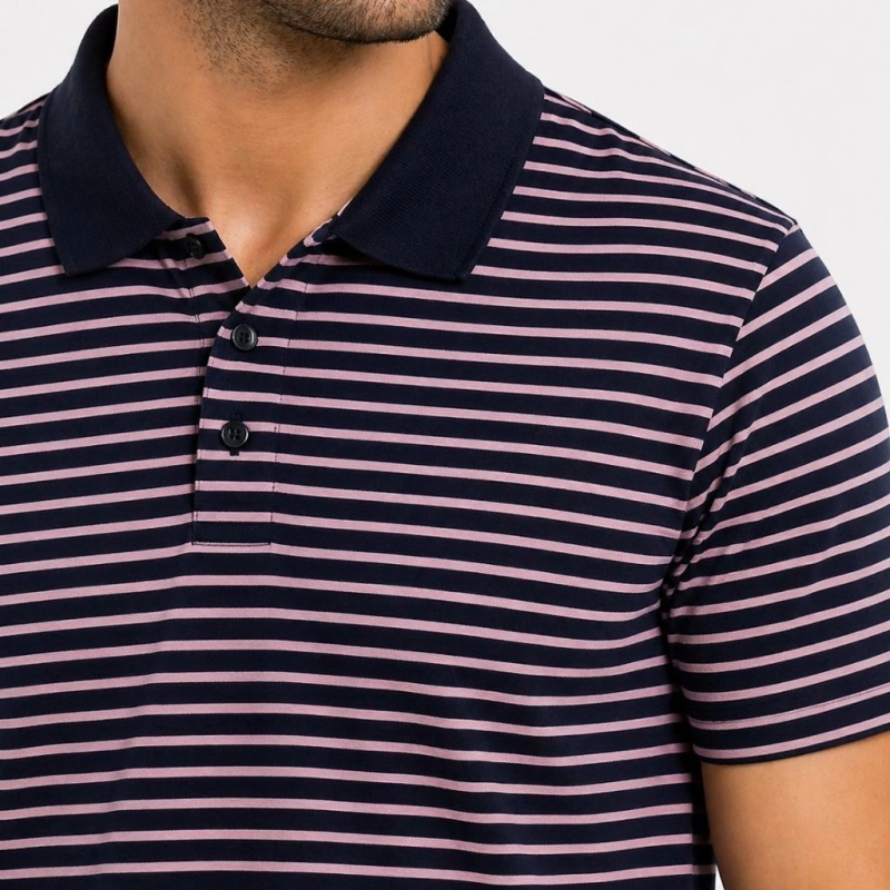 Erkek Pike Kumaş Gül Kurusu Çizgili Polo Yaka Tişört Kısa Kol T-Shirt - Siyah