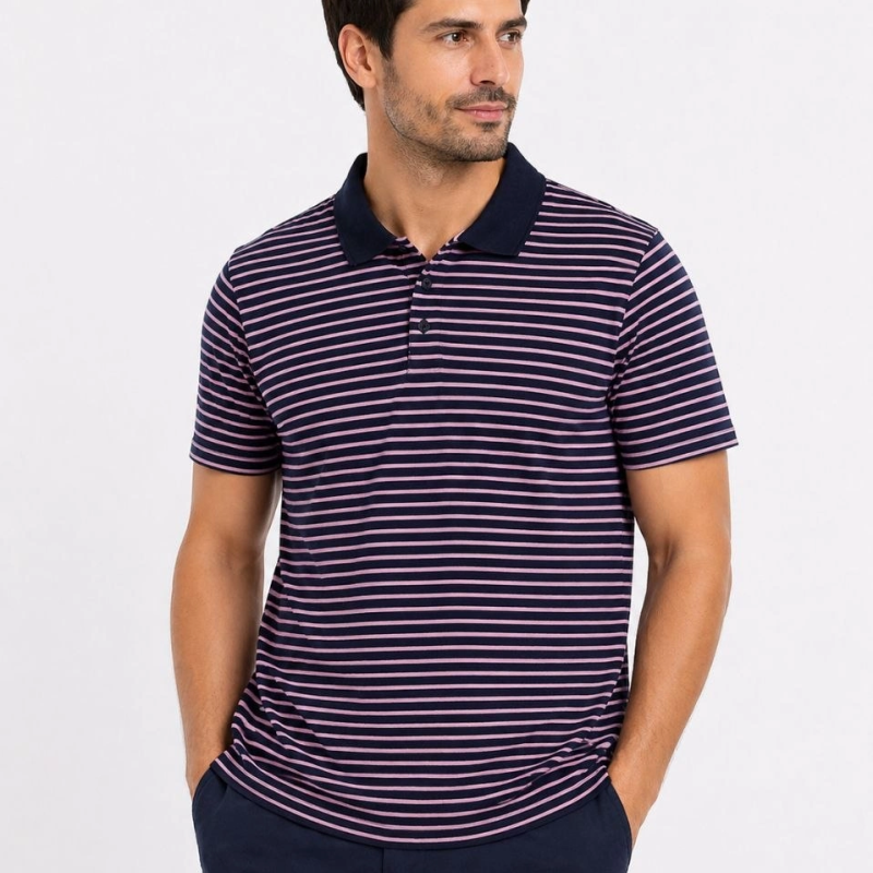 Erkek Pike Kumaş Gül Kurusu Çizgili Polo Yaka Tişört Kısa Kol T-Shirt - Siyah