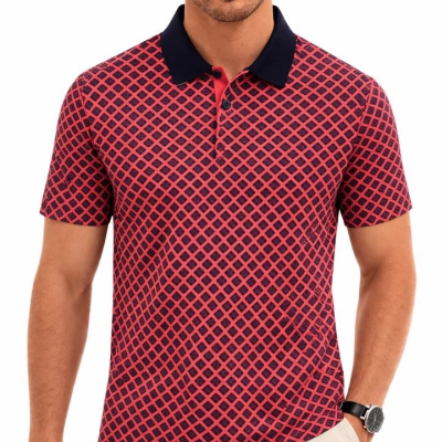 Erkek Pike Kumaş Polo Yaka Desenli Tişört Kısa Kol Yazlık T-Shirt - Kırmızı