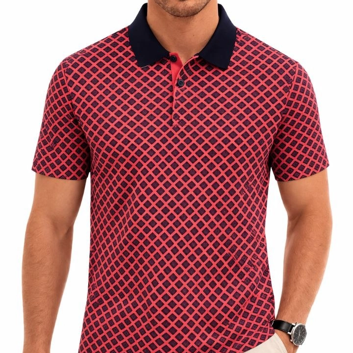 Erkek Pike Kumaş Polo Yaka Desenli Tişört Kısa Kol Yazlık T-Shirt - Kırmızı