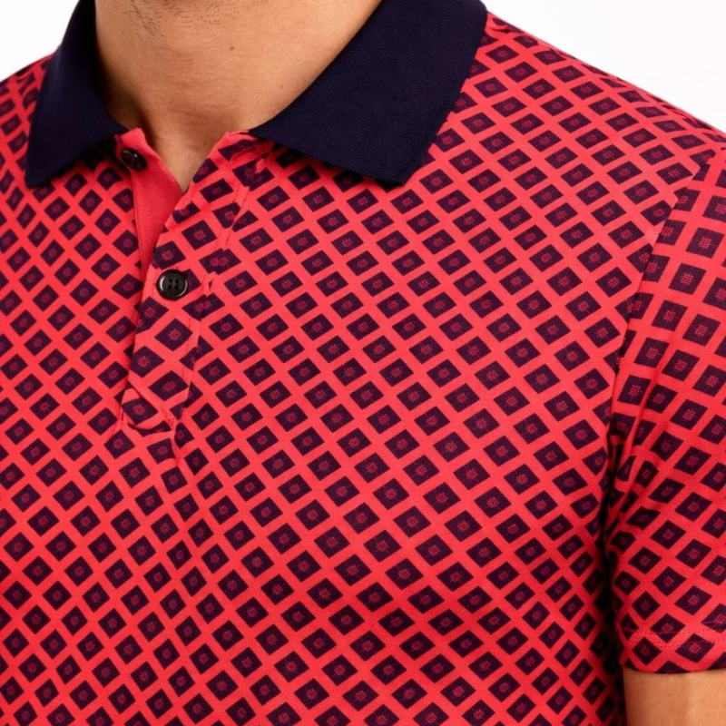 Erkek Pike Kumaş Polo Yaka Desenli Tişört Kısa Kol Yazlık T-Shirt - Kırmızı