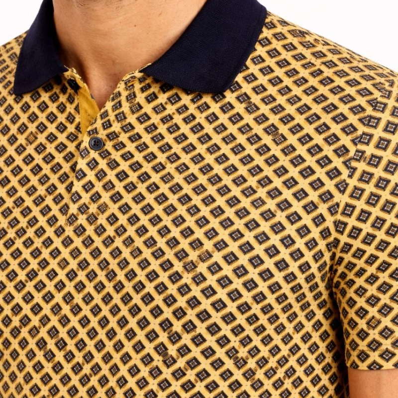 Erkek Pike Kumaş Polo Yaka Desenli Tişört Kısa Kol Yazlık T-Shirt - Sarı