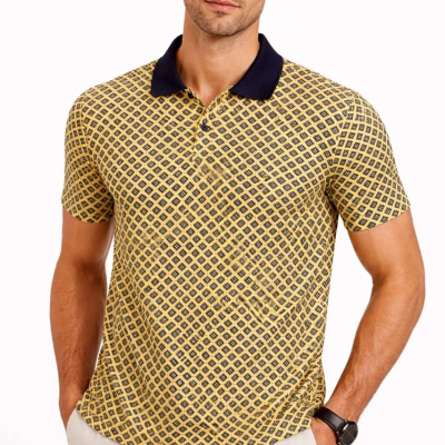 Erkek Pike Kumaş Polo Yaka Desenli Tişört Kısa Kol Yazlık T-Shirt - Sarı
