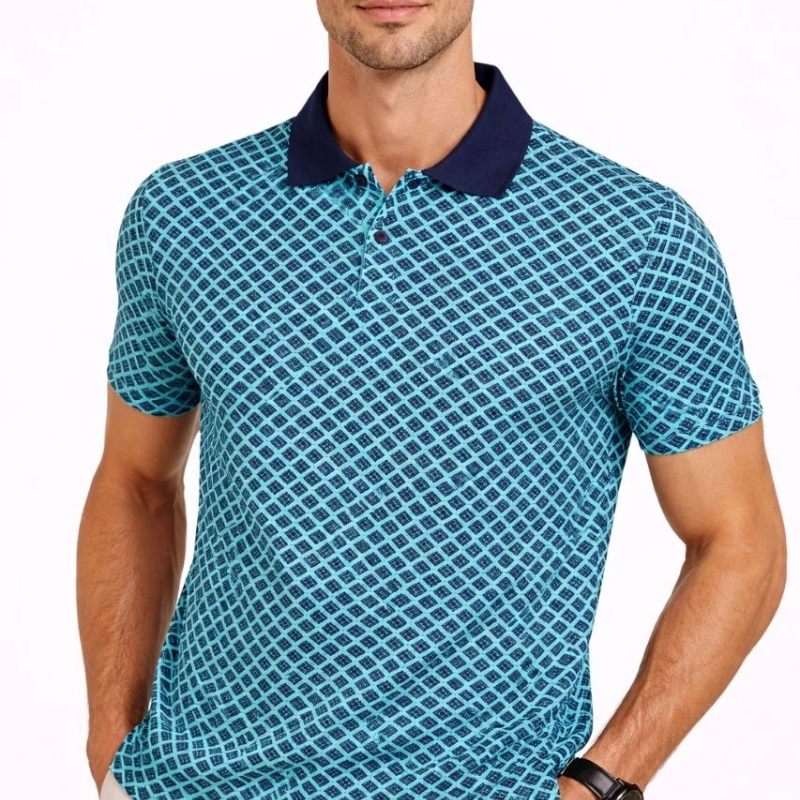 Erkek Pike Kumaş Polo Yaka Desenli Tişört Kısa Kol Yazlık T-Shirt - Turkuaz