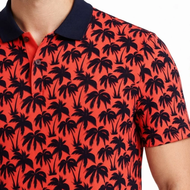 Erkek Pike Kumaş Polo Yaka Palmiye Desenli Tişört Kısa Kol Yazlık T-Shirt - Kırmızı
