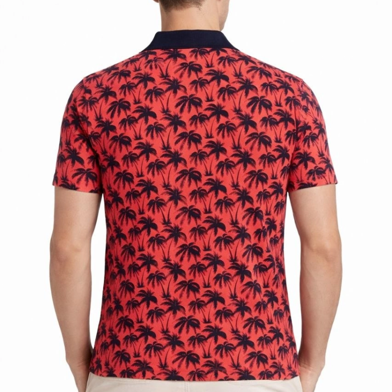 Erkek Pike Kumaş Polo Yaka Palmiye Desenli Tişört Kısa Kol Yazlık T-Shirt - Kırmızı