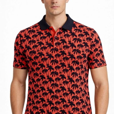 Erkek Pike Kumaş Polo Yaka Palmiye Desenli Tişört Kısa Kol Yazlık T-Shirt - Kırmızı