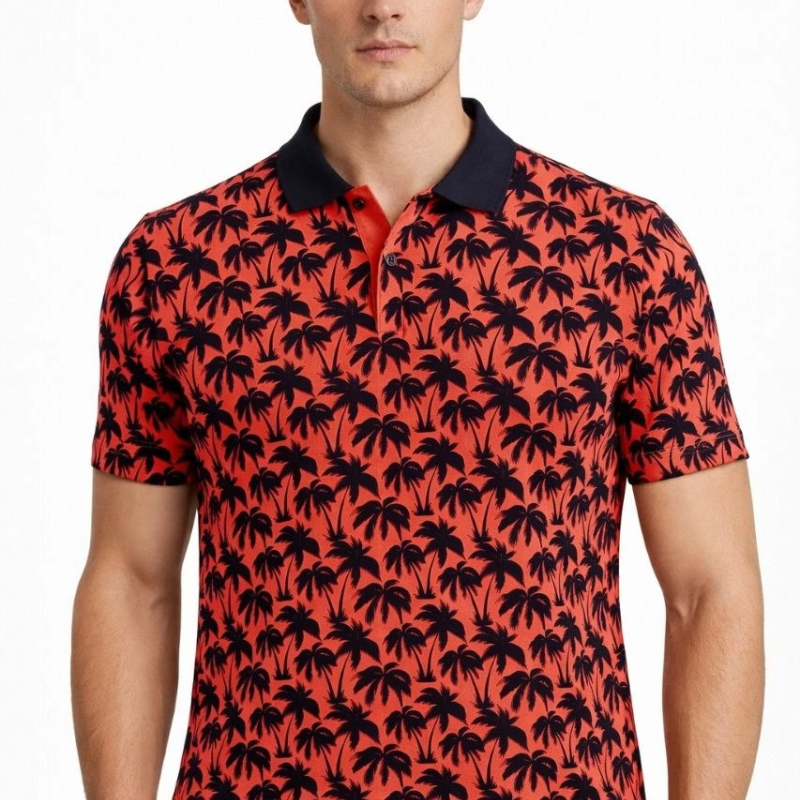 Erkek Pike Kumaş Polo Yaka Palmiye Desenli Tişört Kısa Kol Yazlık T-Shirt - Kırmızı