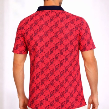 Erkek Pike Kumaş Polo Yaka Palmiye Desenli Tişört Kısa Kol Yazlık T-Shirt - Kırmızı