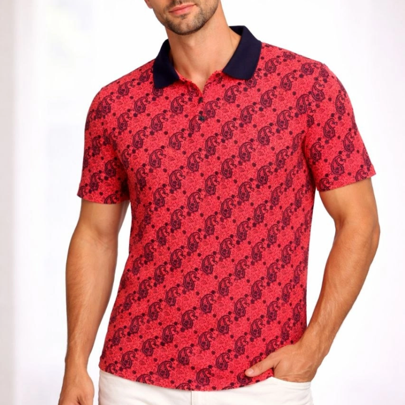 Erkek Pike Kumaş Polo Yaka Palmiye Desenli Tişört Kısa Kol Yazlık T-Shirt - Kırmızı