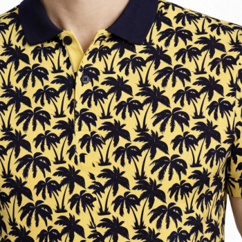 Erkek Pike Kumaş Polo Yaka Palmiye Desenli Tişört Kısa Kol Yazlık T-Shirt - Sarı