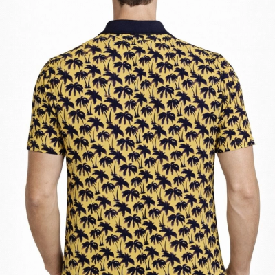 Erkek Pike Kumaş Polo Yaka Palmiye Desenli Tişört Kısa Kol Yazlık T-Shirt - Sarı