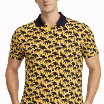 Erkek Pike Kumaş Polo Yaka Palmiye Desenli Tişört Kısa Kol Yazlık T-Shirt - Sarı