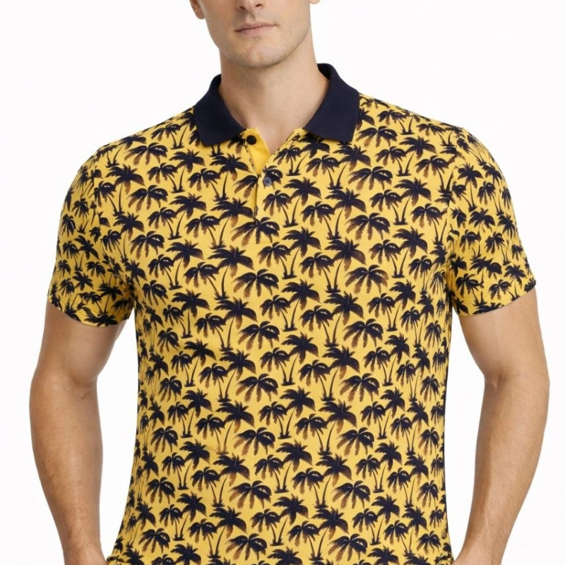 Erkek Pike Kumaş Polo Yaka Palmiye Desenli Tişört Kısa Kol Yazlık T-Shirt - Sarı