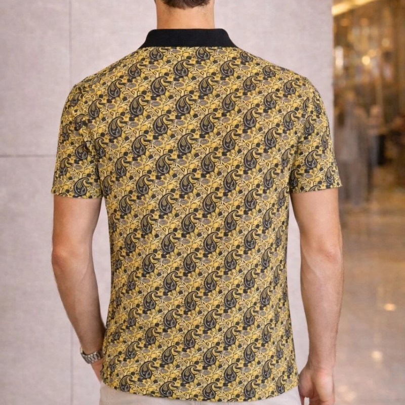 Erkek Pike Kumaş Polo Yaka Palmiye Desenli Tişört Kısa Kol Yazlık T-Shirt - Sarı
