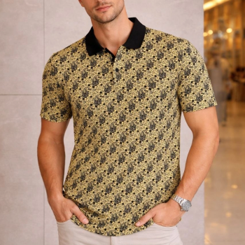 Erkek Pike Kumaş Polo Yaka Palmiye Desenli Tişört Kısa Kol Yazlık T-Shirt - Sarı