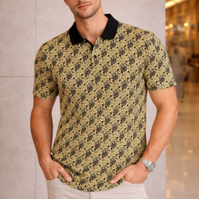 Erkek Pike Kumaş Polo Yaka Palmiye Desenli Tişört Kısa Kol Yazlık T-Shirt - Sarı
