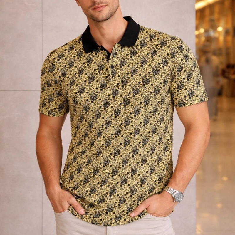 Erkek Pike Kumaş Polo Yaka Palmiye Desenli Tişört Kısa Kol Yazlık T-Shirt - Sarı