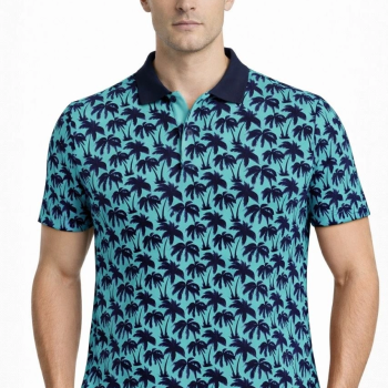 Erkek Pike Kumaş Polo Yaka Palmiye Desenli Tişört Kısa Kol Yazlık T-Shirt - Turkuaz