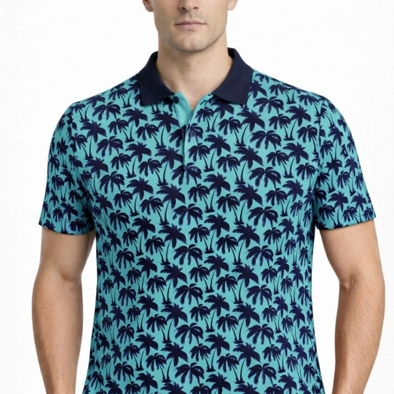 Erkek Pike Kumaş Polo Yaka Palmiye Desenli Tişört Kısa Kol Yazlık T-Shirt - Turkuaz
