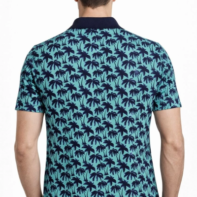 Erkek Pike Kumaş Polo Yaka Palmiye Desenli Tişört Kısa Kol Yazlık T-Shirt - Turkuaz