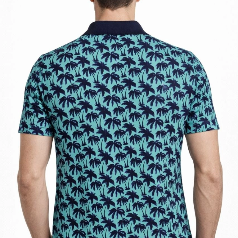 Erkek Pike Kumaş Polo Yaka Palmiye Desenli Tişört Kısa Kol Yazlık T-Shirt - Turkuaz