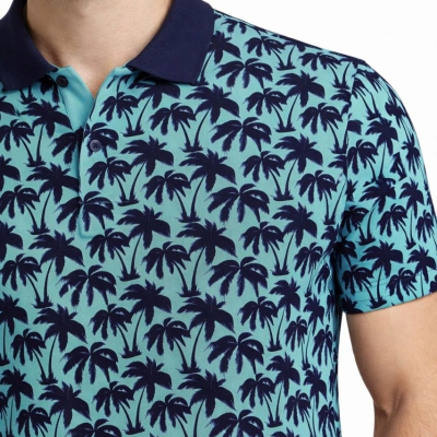 Erkek Pike Kumaş Polo Yaka Palmiye Desenli Tişört Kısa Kol Yazlık T-Shirt - Turkuaz