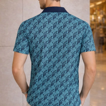 Erkek Pike Kumaş Polo Yaka Palmiye Desenli Tişört Kısa Kol Yazlık T-Shirt - Turkuaz
