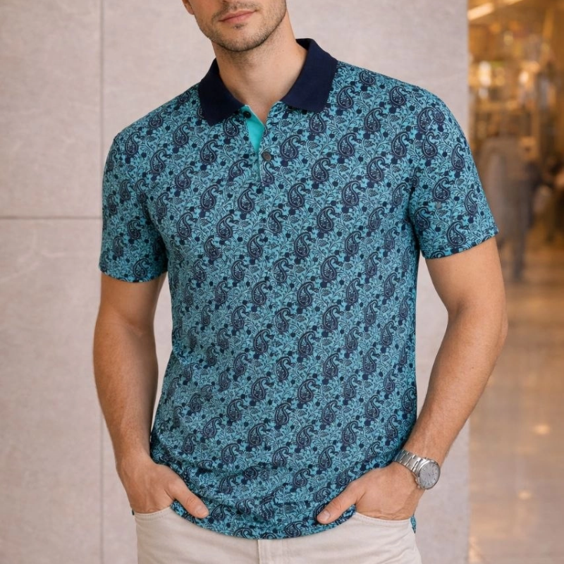 Erkek Pike Kumaş Polo Yaka Palmiye Desenli Tişört Kısa Kol Yazlık T-Shirt - Turkuaz