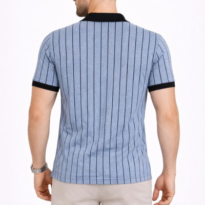 Erkek Polo Yaka Çizgili Tişört Kısa Kol Düğmeli Yazlık T-Shirt - Bebek Mavisi