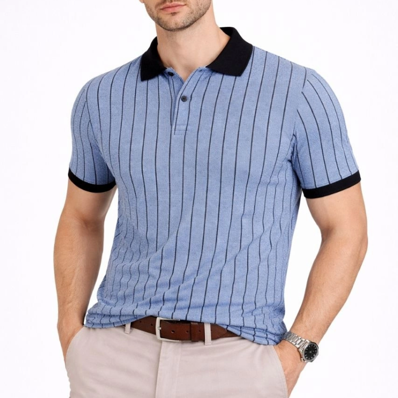 Erkek Polo Yaka Çizgili Tişört Kısa Kol Düğmeli Yazlık T-Shirt - Bebek Mavisi