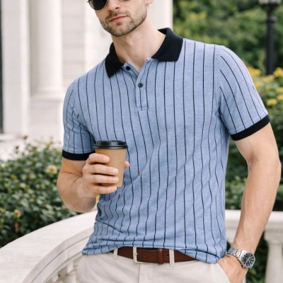 Erkek Polo Yaka Çizgili Tişört Kısa Kol Düğmeli Yazlık T-Shirt - Bebek Mavisi