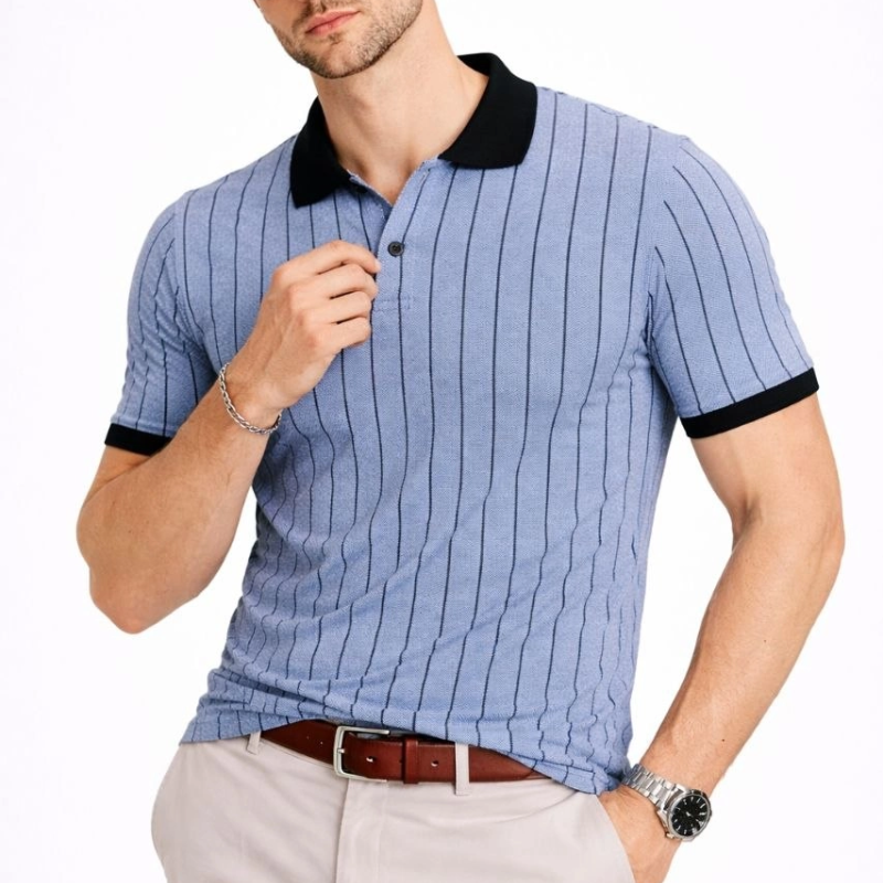 Erkek Polo Yaka Çizgili Tişört Kısa Kol Düğmeli Yazlık T-Shirt - Bebek Mavisi