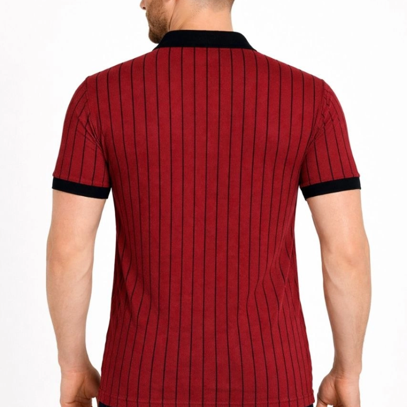 Erkek Polo Yaka Çizgili Tişört Kısa Kol Düğmeli Yazlık T-Shirt - Bordo