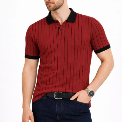Erkek Polo Yaka Çizgili Tişört Kısa Kol Düğmeli Yazlık T-Shirt - Bordo